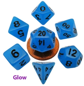 Kości Fanroll - zestaw 7 mini kostek Glow in the Dark - Blue with Black Numbers (10mm)