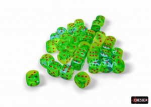 Kości Chessex - kostka k6 12mm Gemini Plasma Green-Teal/orange Luminary (świecąca w ciemnościach)
