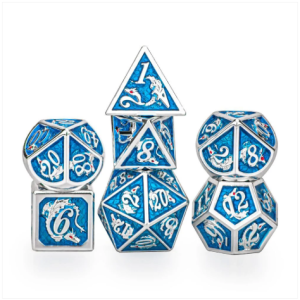 Zestaw kości: Solid Metal Dragon - Silver Aquamarine hand painting (Blue Enamel)