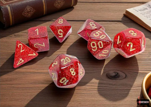 Kości Chessex - zestaw 7 kostek Glitter Mega-hedral Ruby/Gold