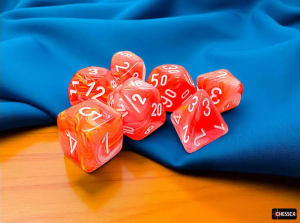Kości Chessex - zestaw 7 kostek Festive Mega-hedral Dahlia/White Luminary (świecące w ciemnościach)