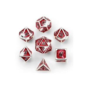 Zestaw kości: Solid Metal Dragon - Silver w/Red&White