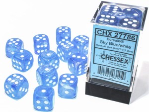 Kości Chessex - kostka k6 16mm Borealis Sky Blue/white - Luminary (świecące w ciemnościach)