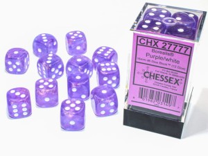 Kości Chessex - kostka k6 16mm Borealis Purple/white - Luminary (świecące w ciemnościach)