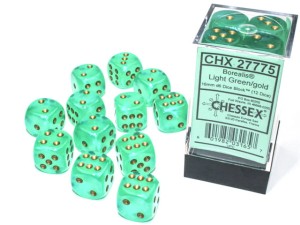 Kości Chessex - kostka k6 16mm Borealis Light Green/gold - Luminary (świecące w ciemnościach)