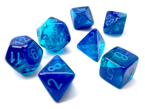 Kości Chessex - zestaw 7 kostek Gemini Blue-Blue/light blue (święcące w ciemnościach)