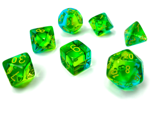 Kości Chessex - zestaw 7 kostek Gemini Translucent Green-Teal/yellow