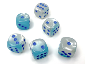 Kości Chessex - kostka k6 16mm Gemini Pearl Turquoise-White/blue - Luminary (świecące w ciemnościach)
