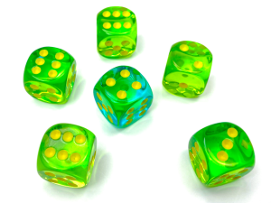 Kości Chessex - kostka k6 16mm Gemini Translucent Green-Teal/yellow