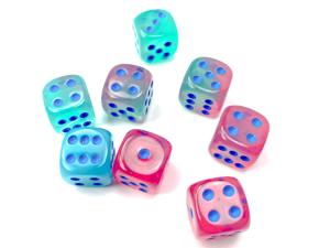Kości Chessex - kostka k6 12mm Gemini Gel Green-Pink/blue Luminary (świecące w ciemnościach)