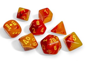 Kości Chessex - zestaw 7 kostek Gemini Gellow-Red/yellow (+ bonusowa kość)