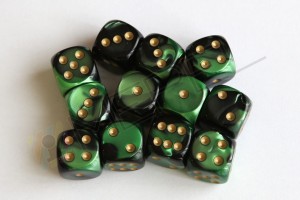 Kości Chessex - kostka k6 16mm Gemini Black-Green/gold