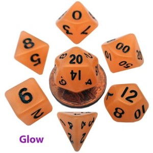 Kości Fanroll - zestaw 7 mini kostek Glow in the Dark - Orange with Black Numbers (10mm)