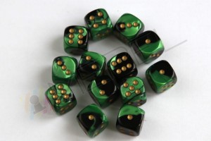 Kości Chessex - kostka k6 12mm Gemini Black-Green/gold