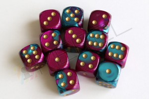 Kości Chessex - kostka k6 16mm Gemini Purple-Teal/gold