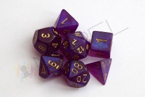Kości Chessex - zestaw 7 kostek Borealis Royal Purple/gold (święcące w ciemnościach)