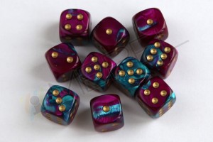 Kości Chessex - kostka k6 12mm Gemini Purple-Teal/gold