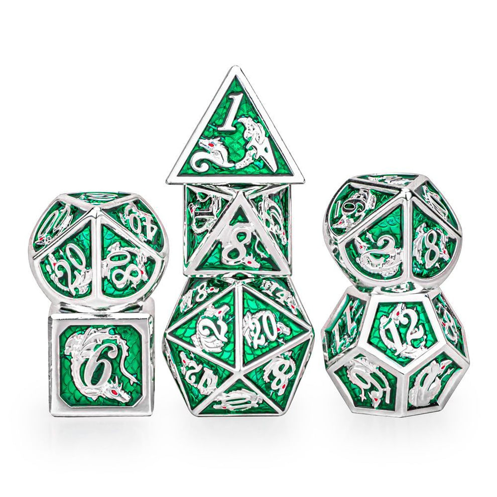 Solid Metal Dragon Dice Set - Silver & Emerald