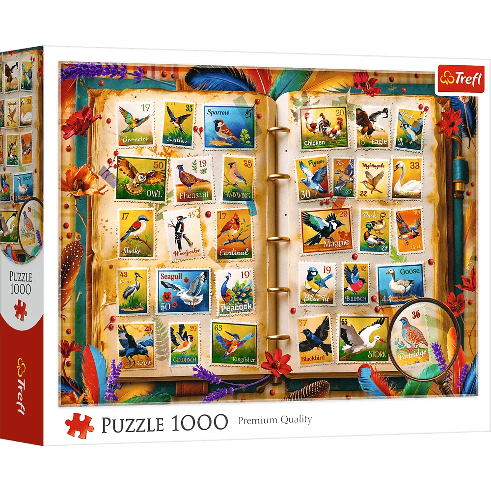 Puzzle 1000 Kolekcja znaczków - atlas ptaków