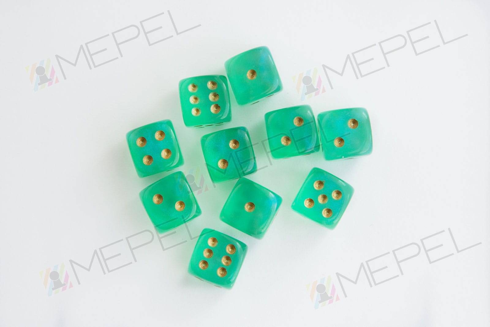 Chessex D6 12mm Borealis Light Green/gold die (glowing in the dark)