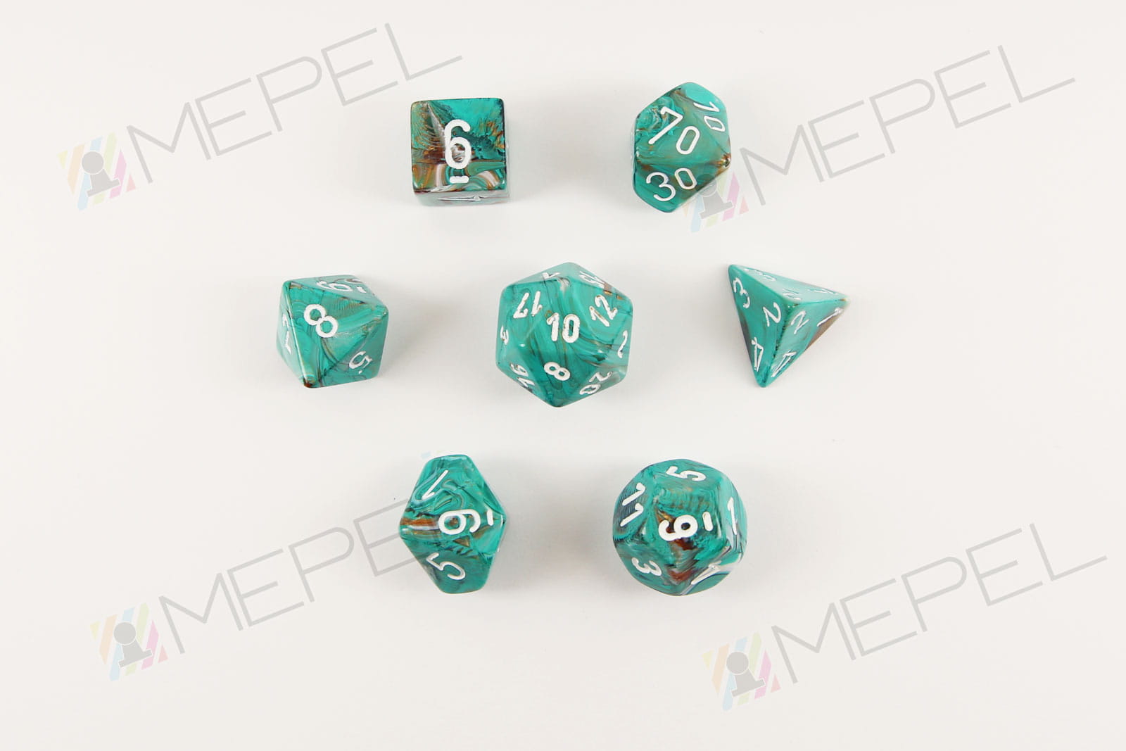 Kości Chessex - zestaw 7 kostek Marble Oxi‑Copper/white