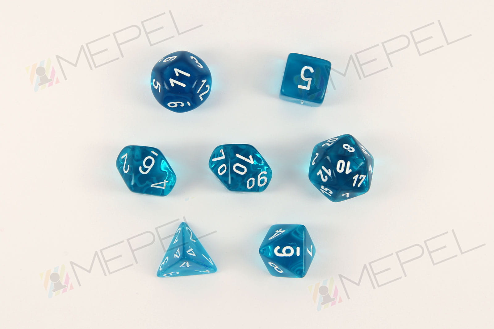 Kości Chessex - zestaw 7 kostek Translucent Teal/white
