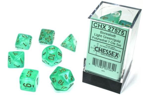 Kości Chessex - zestaw 7 kostek Borealis Light Green/gold Luminary (święcące w ciemnościach)