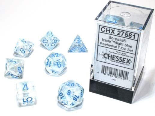 Kości Chessex - zestaw 7 kostek Borealis Icicle /light blue Luminary (święcące w ciemnościach)