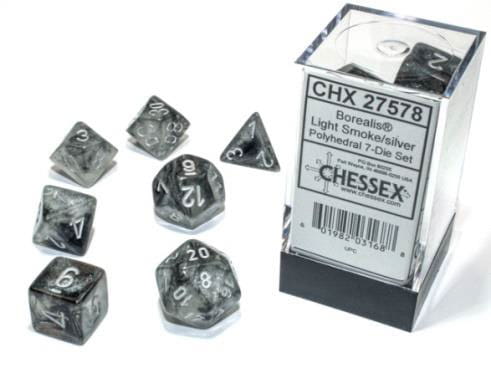 Kości Chessex - zestaw 7 kostek Borealis Light Smoke /silver Luminary (święcące w ciemnościach)