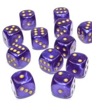 Chessex D6 16mm Borealis Royal Purple/gold die (glowing in the dark)