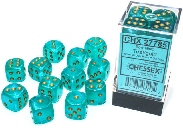 Kości Chessex - kostka k6 16mm Borealis Teal/gold - Luminary (świecące w ciemnościach)
