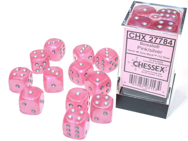 Kości Chessex - kostka k6 16mm Borealis Pink/silver - Luminary (świecące w ciemnościach)