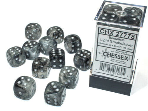 Kości Chessex - kostka k6 16mm Borealis Light Smoke w/Silver - Luminary (świecące w ciemnościach)