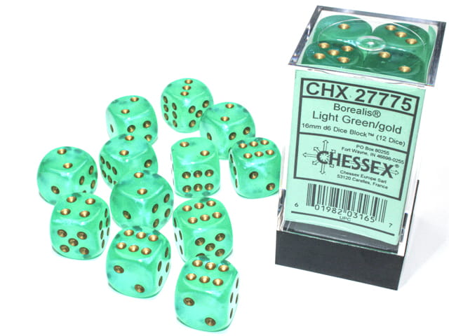 Kości Chessex - kostka k6 16mm Borealis Light Green/gold - Luminary (świecące w ciemnościach)