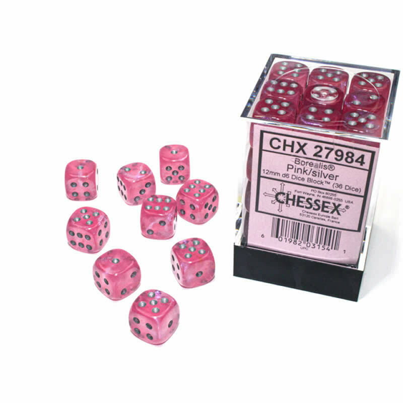 Kości Chessex - kostka k6 12mm Borealis Pink/silver - Luminary (świecące w ciemnościach)