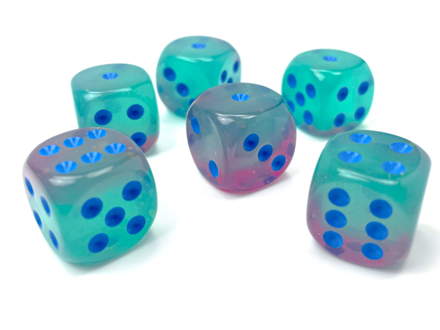 Kości Chessex - kostka k6 16mm Gemini Gel Green-Pink/blue - Luminary (świecące w ciemnościach)