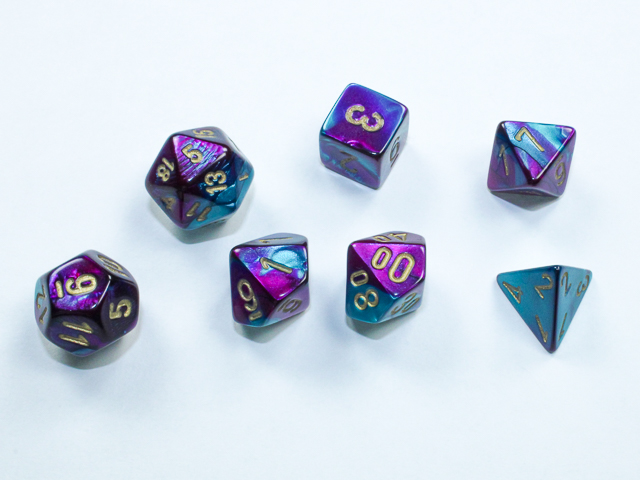 Kości Chessex - zestaw 7 mini kostek Gemini Purple-Teal/gold