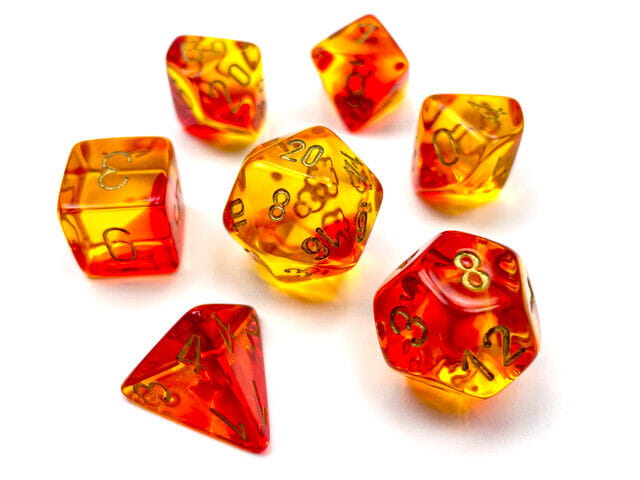 Kości Chessex - zestaw 7 kostek Gemini Translucent Red-Yellow/gold