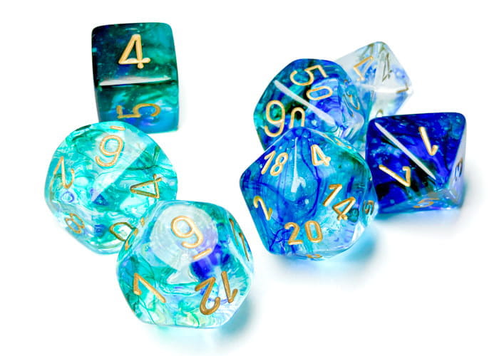 Kości Chessex - zestaw 7 kostek Nebula Oceanic/gold Luminary (święcące w ciemnościach)