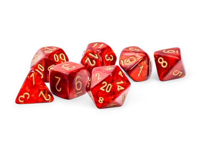 Kości Chessex - zestaw 7 kostek Scarab Mega-hedral Scarlet/gold