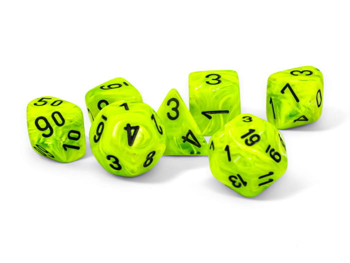 Kości Chessex - zestaw 7 kostek Vortex Mega-hedral Bright Green/black
