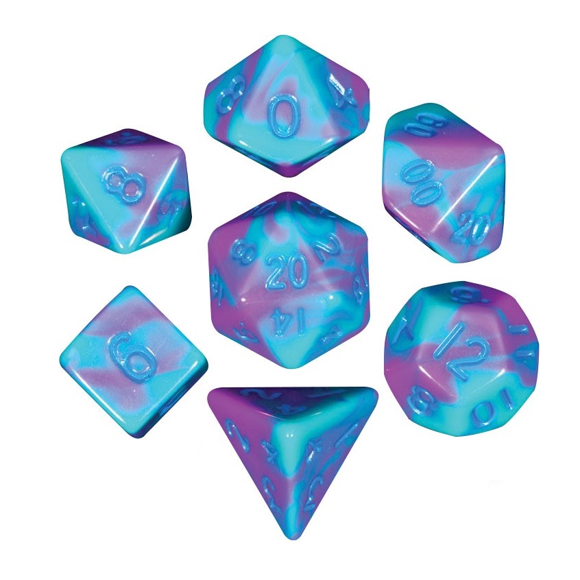 Kości Fanroll - zestaw 7 mini kostek Purple/Teal with Blue Numbers (10mm)