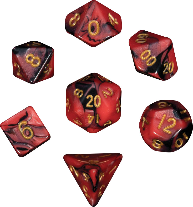 Kości Fanroll - zestaw 7 mini kostek Red/Black with Gold Numbers (10mm)