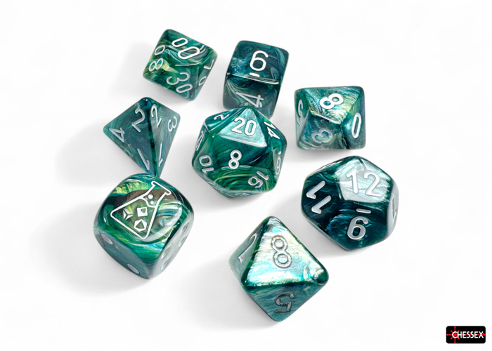 Kości Chessex - zestaw 7+1 kostek Lab Dice - Lustrous Neptune/grey