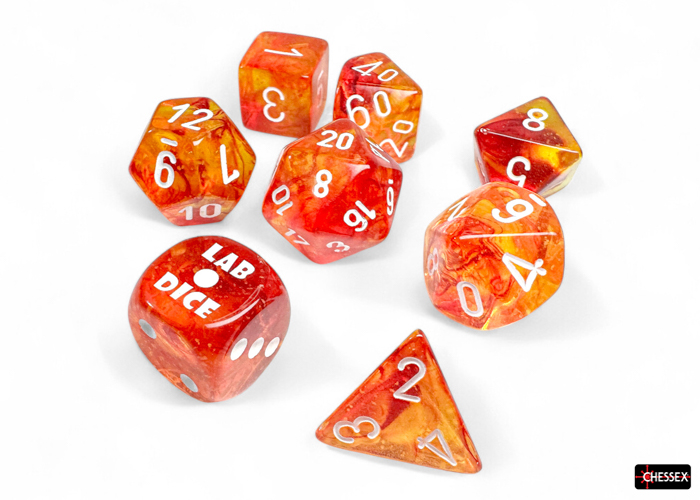 Kości Chessex - zestaw 7+1 kostek Lab Dice - Nebula Molten/white Luminary