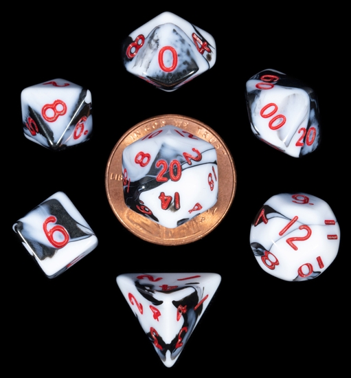 Kości Fanroll - zestaw 7 mini kostek Marble with Red Numbers (10mm)