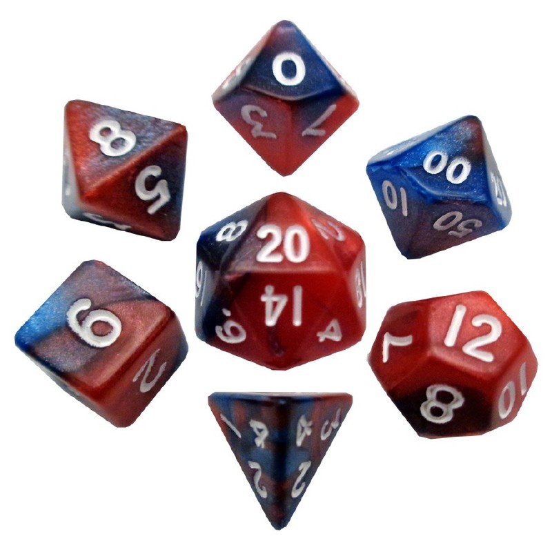Kości Fanroll - zestaw 7 mini kostek Dark Red/Blue with White Numbers (10mm)