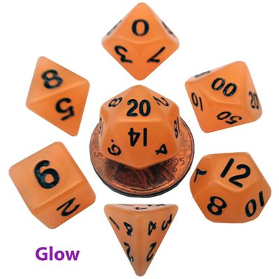 Kości Fanroll - zestaw 7 mini kostek Glow in the Dark - Orange with Black Numbers (10mm)